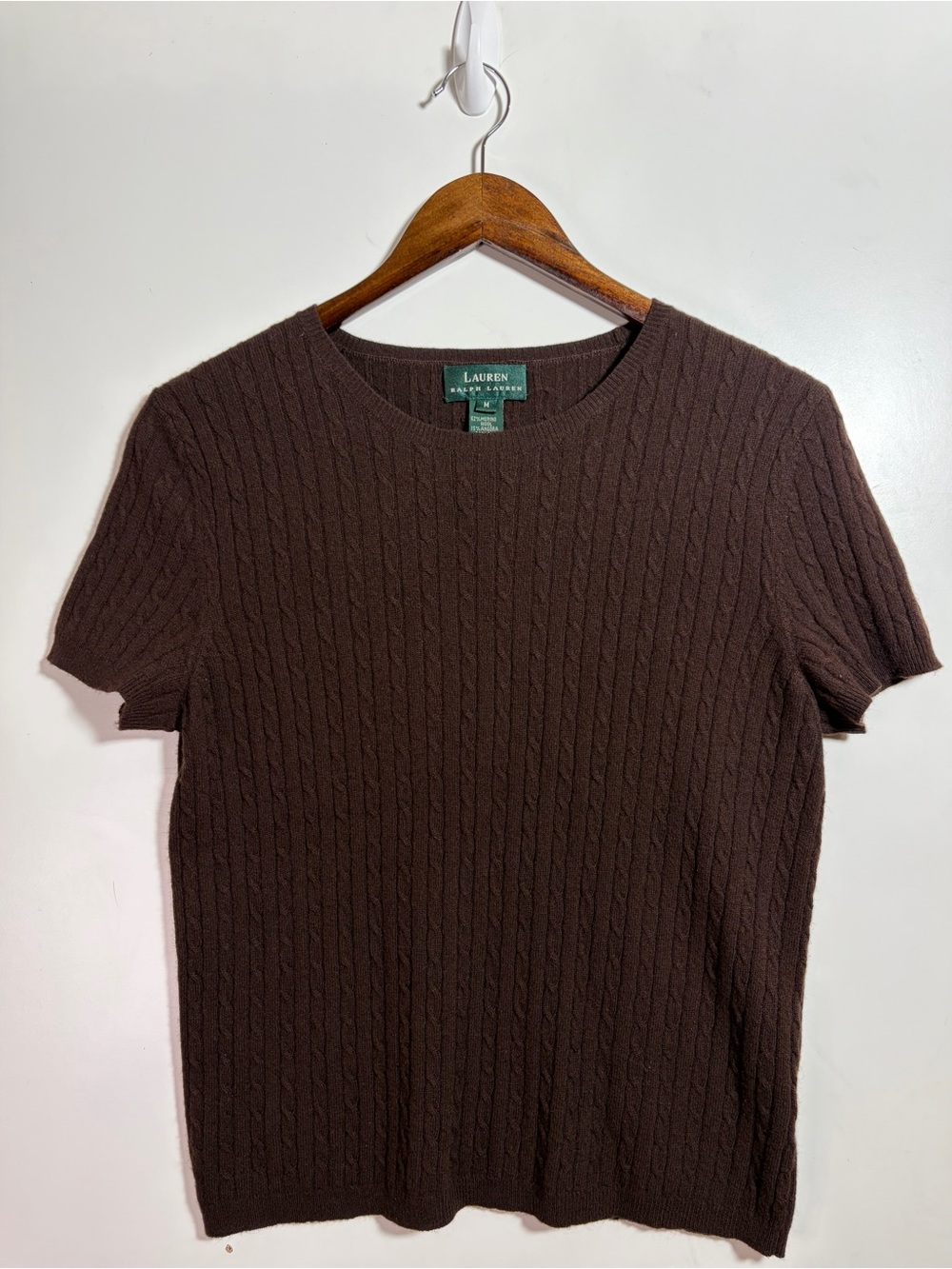 Lauren Ralph Lauren Cable Knit Short Sleeve Sweater M Brown Angora Old Money